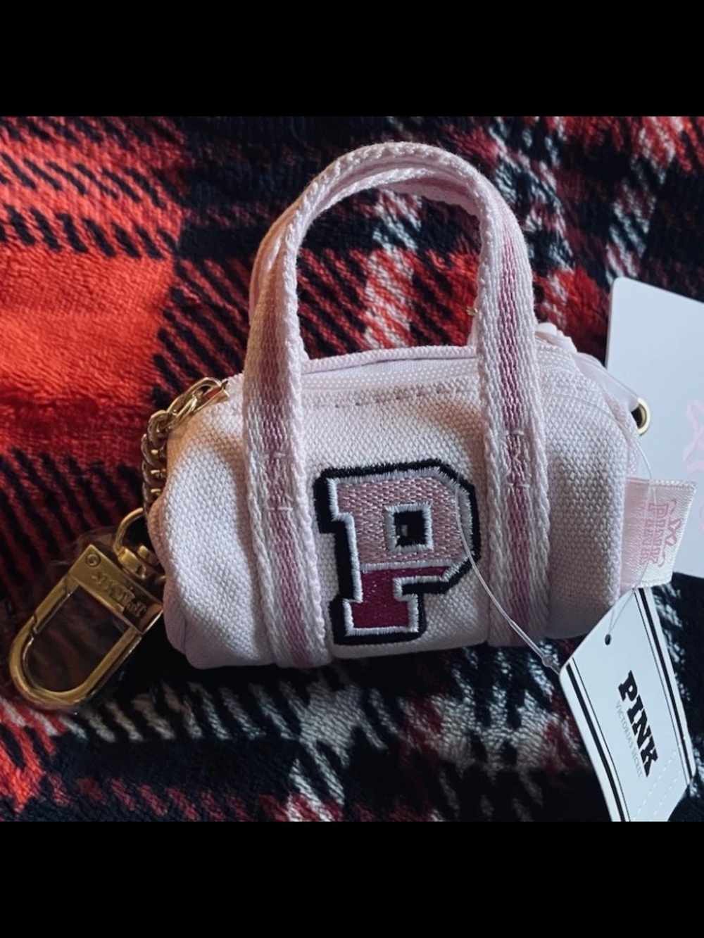 NWT LoveShack Mini Duffel Keychain Pink Victoria’s Secret Charm Bag Earbuds